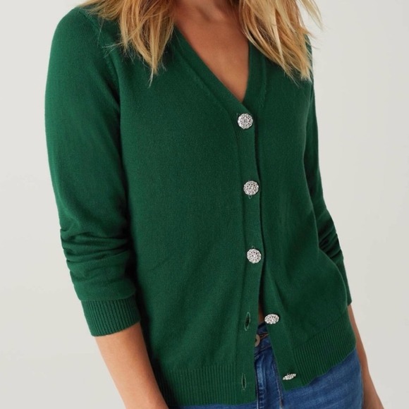 J Jill Boxwood Bejeweled Button Cardigan Sweater Green Cotton Blend Medium NEW - Picture 2 of 11